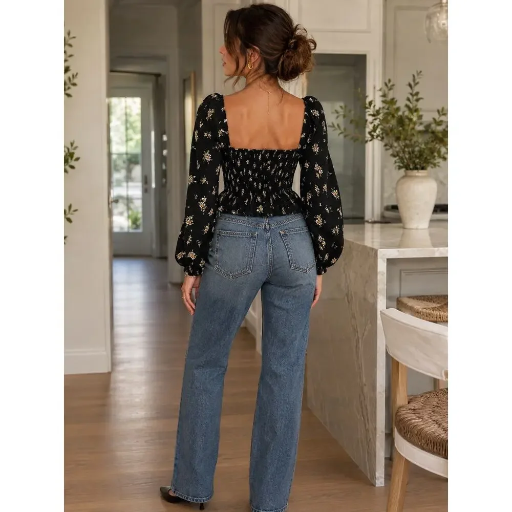 Romantic French Girl Black Ditsy Floral Print Reformation Puff Sleeve Top Size 4